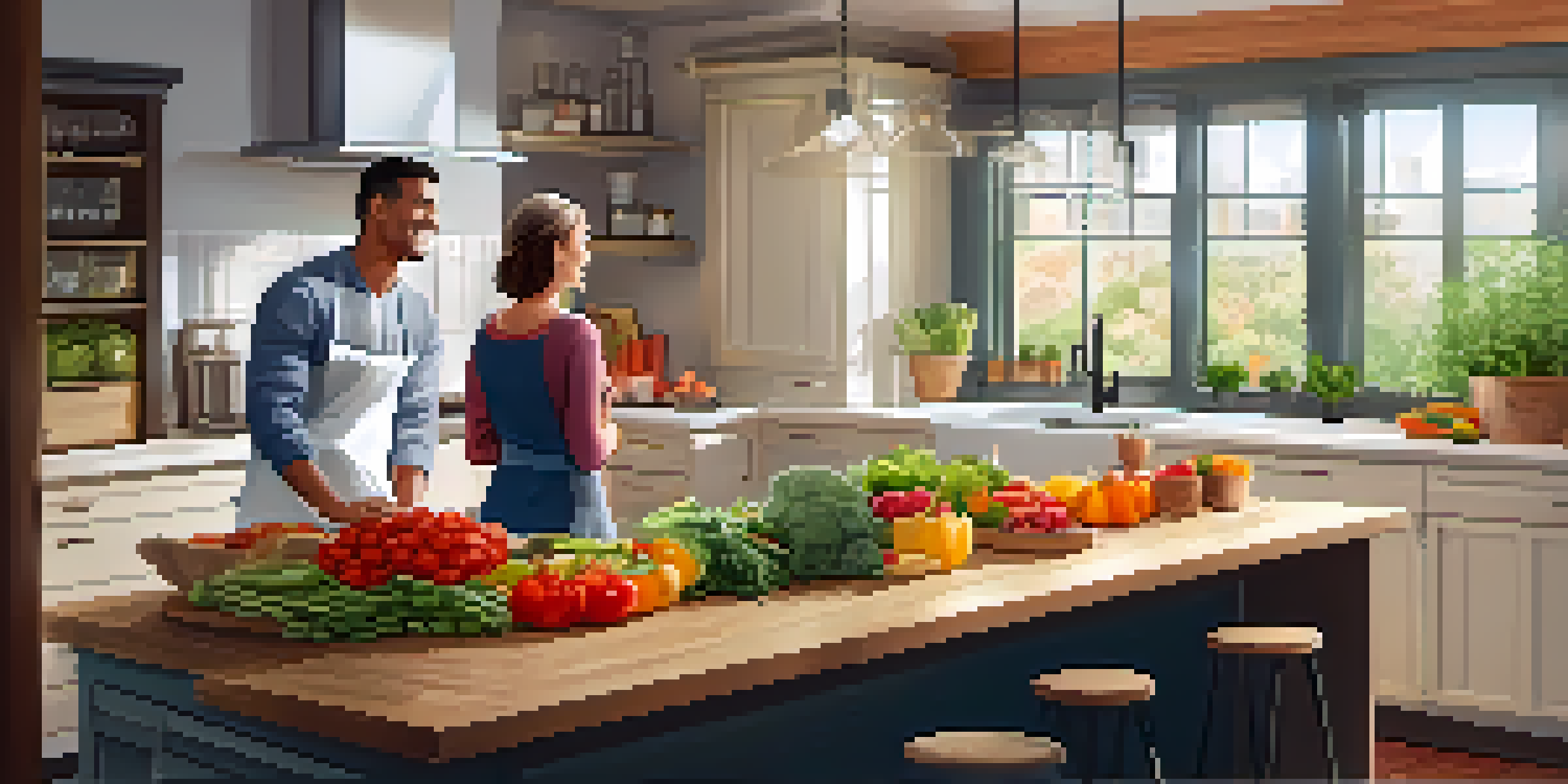 A health coach and client preparing healthy meals together in a sunny kitchen, surrounded by fresh ingredients.