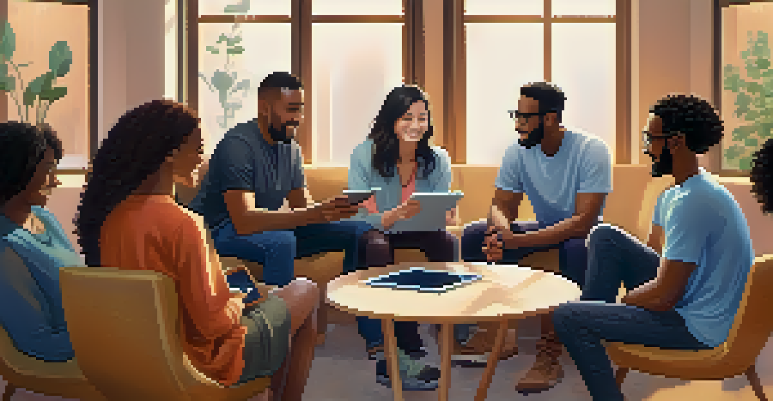 A diverse group of individuals in a circle sharing experiences, with a digital tablet showing a mental health community app at the center.