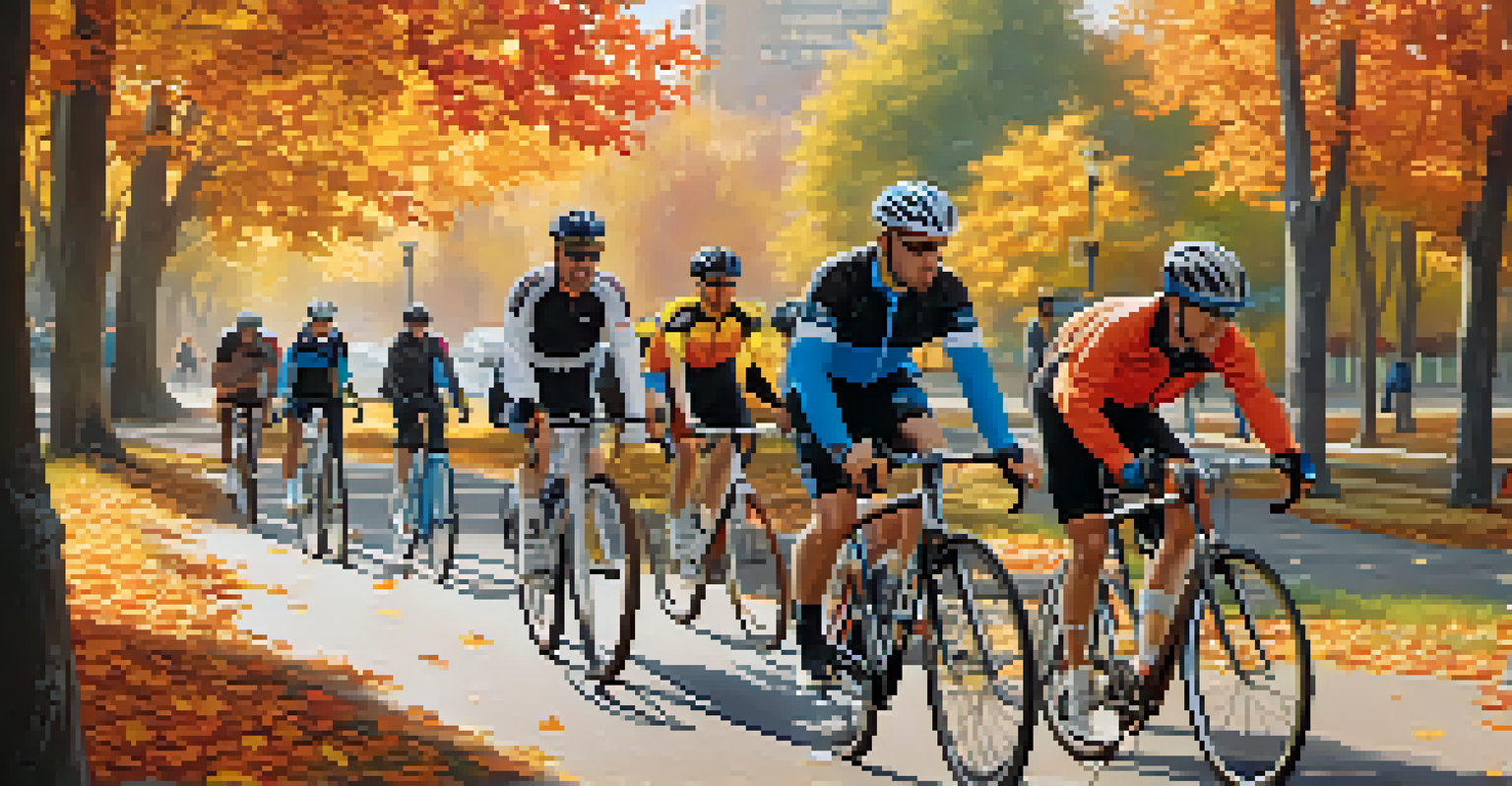 A group of cyclists riding in a park surrounded by colorful autumn foliage.