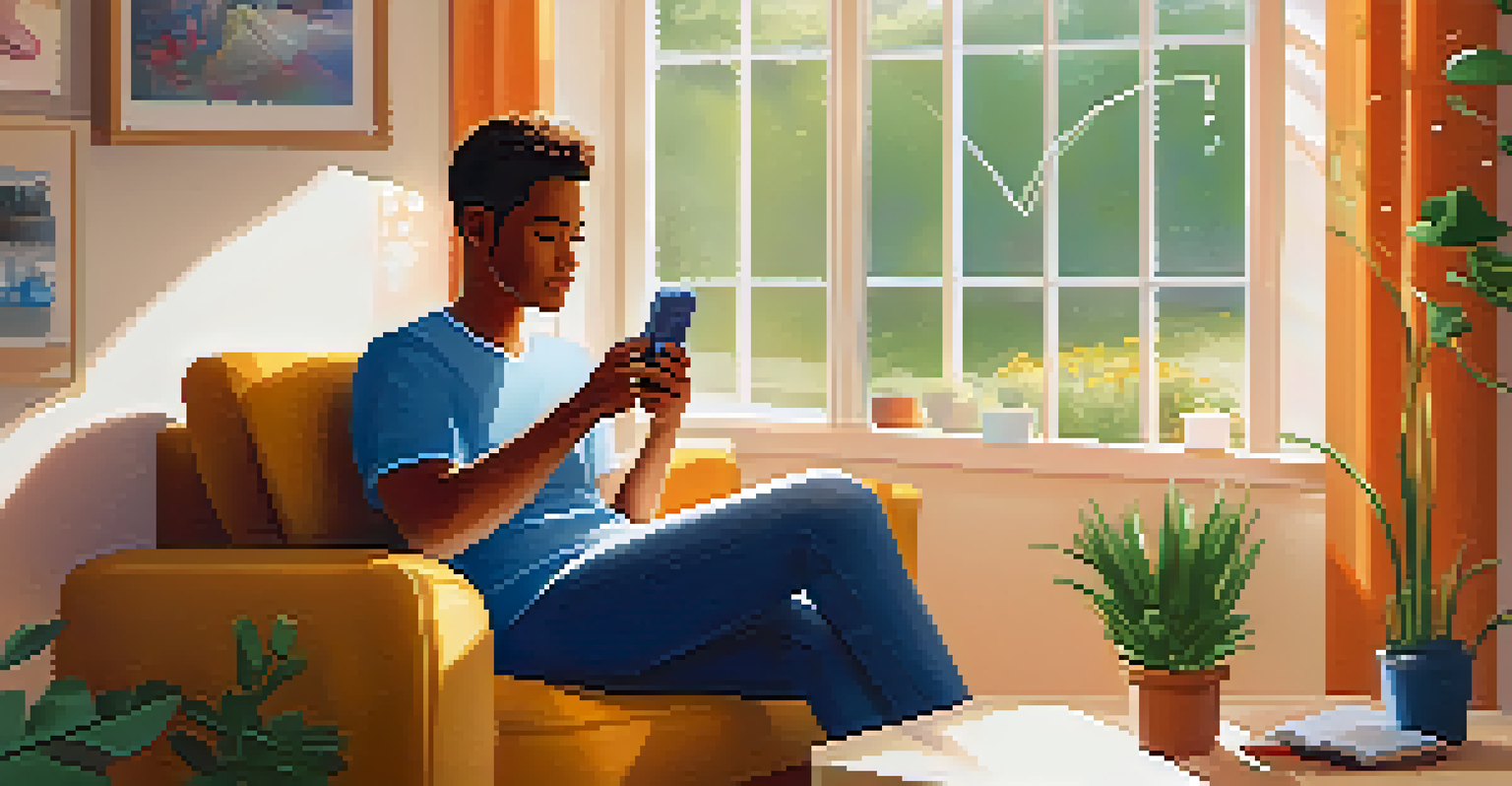 An individual using a mobile health app on their smartphone in a cozy living room, looking engaged.