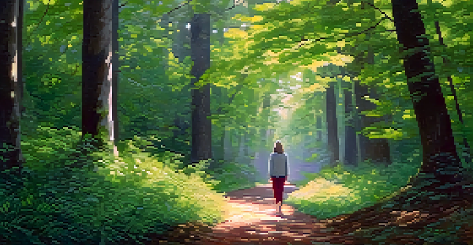 A person walking in a peaceful forest, practicing mindfulness and connecting with nature.