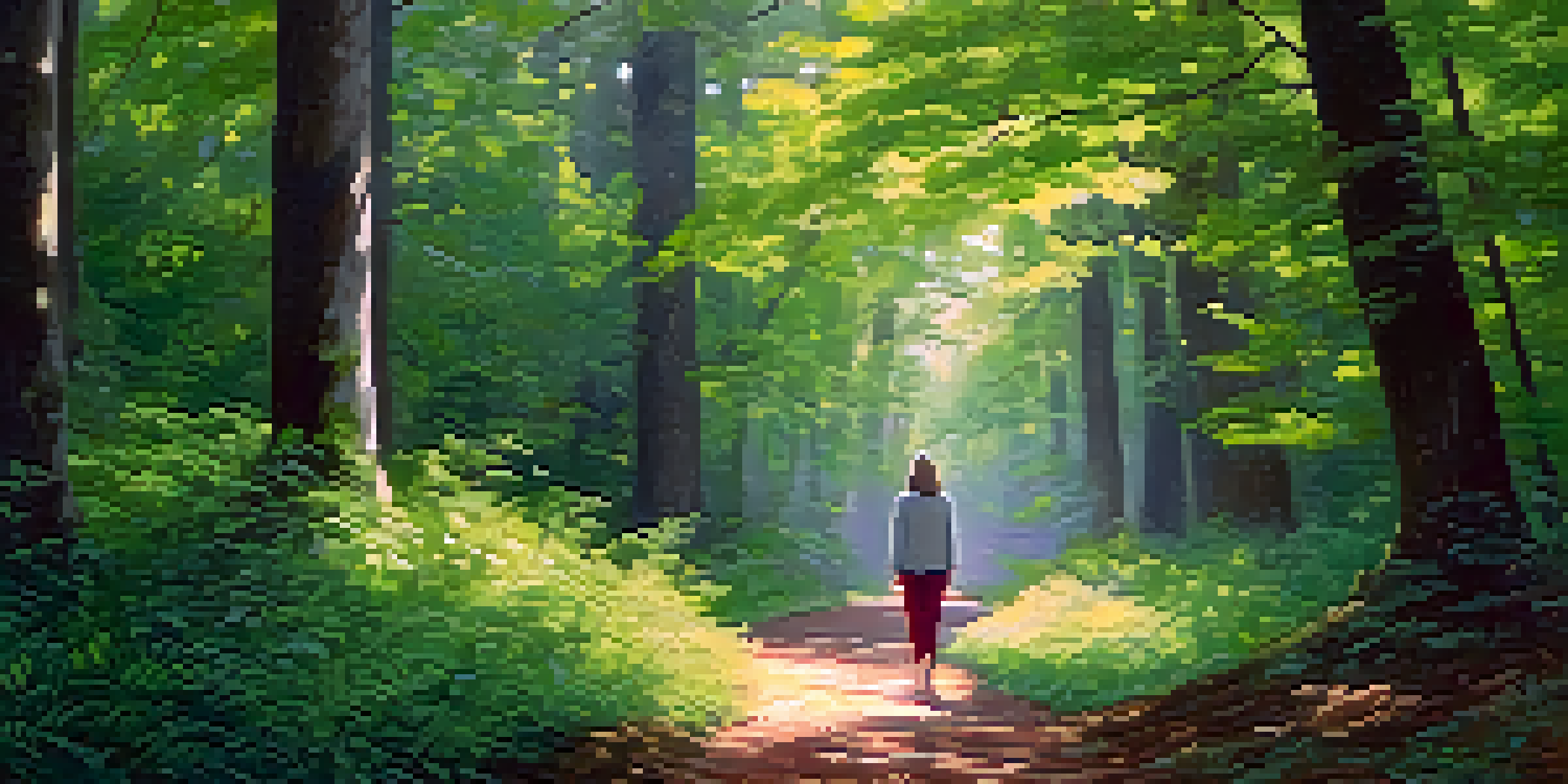 A person walking in a peaceful forest, practicing mindfulness and connecting with nature.