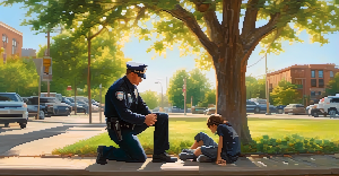 A first responder kneeling next to a distressed person on the sidewalk in a park, offering support and understanding.