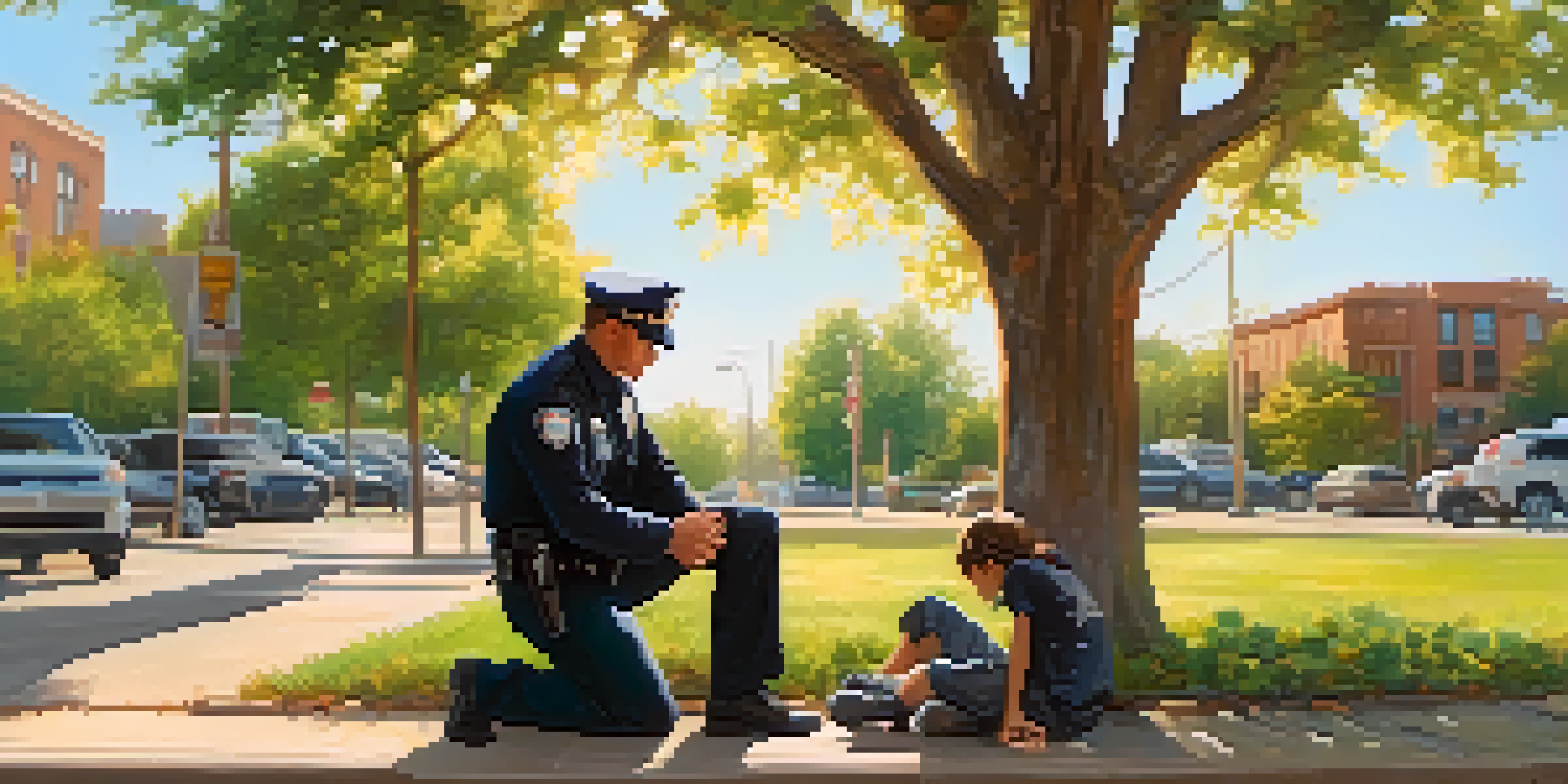 A first responder kneeling next to a distressed person on the sidewalk in a park, offering support and understanding.
