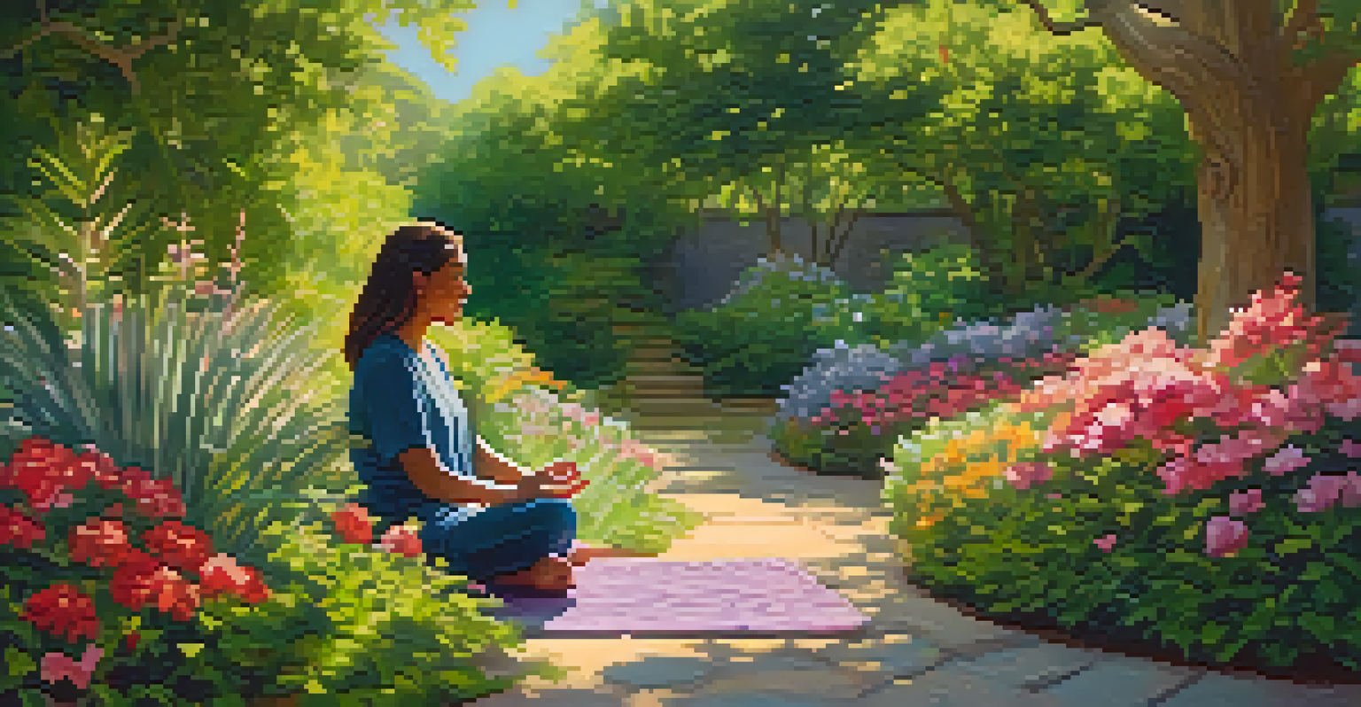 A person meditating in a peaceful garden filled with blooming flowers and greenery, with soft sunlight filtering through the leaves.