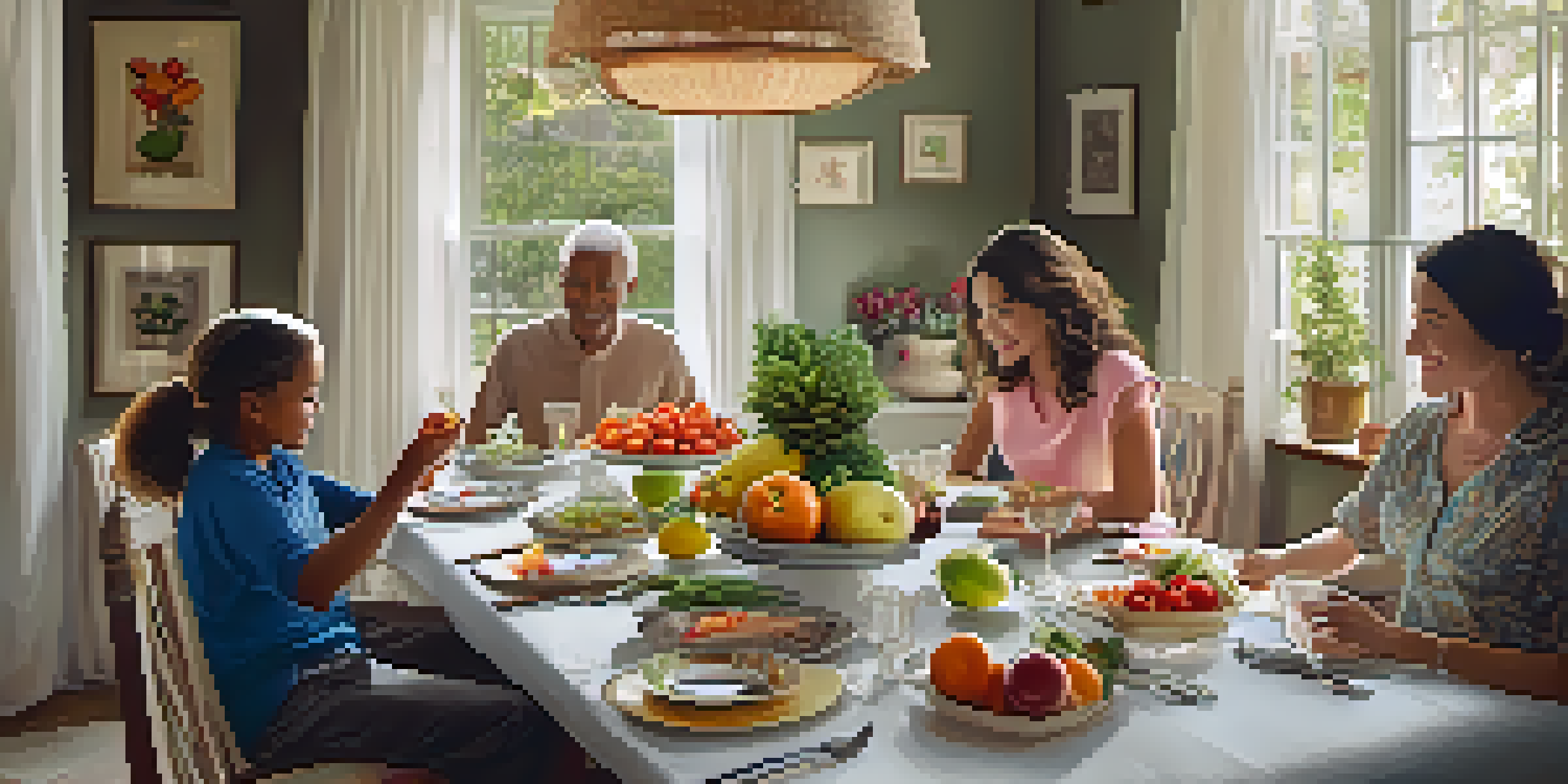 A dining table with fresh fruits and vegetables, family members enjoying their meal together in a warm and inviting atmosphere.
