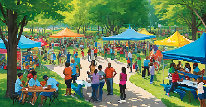 A lively community health fair in a park with colorful tents, people interacting, and children playing in the background.