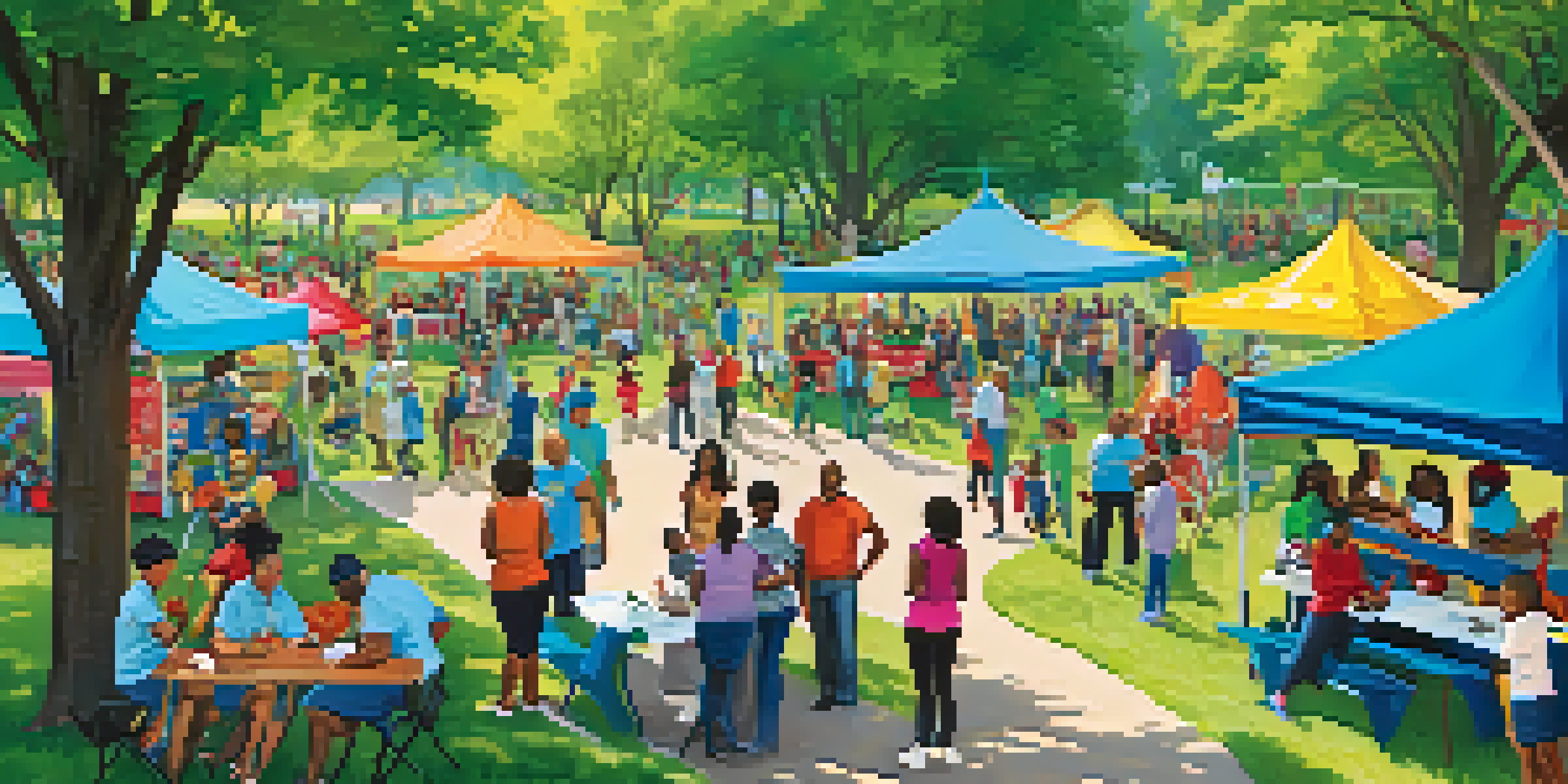 A lively community health fair in a park with colorful tents, people interacting, and children playing in the background.