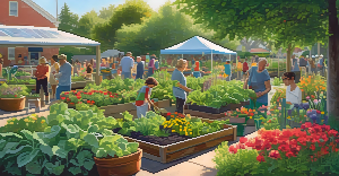 A diverse group of people working together in a colorful community garden, surrounded by various plants and flowers under soft sunlight.