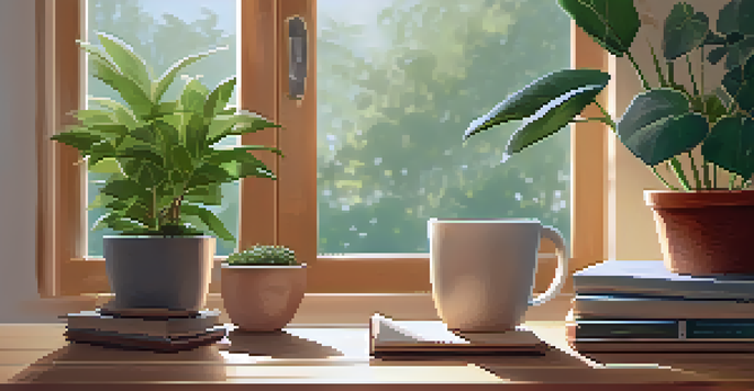 A cozy corner with a yoga mat, soft lighting, and potted plants, alongside a journal and a cup of herbal tea on a wooden table.