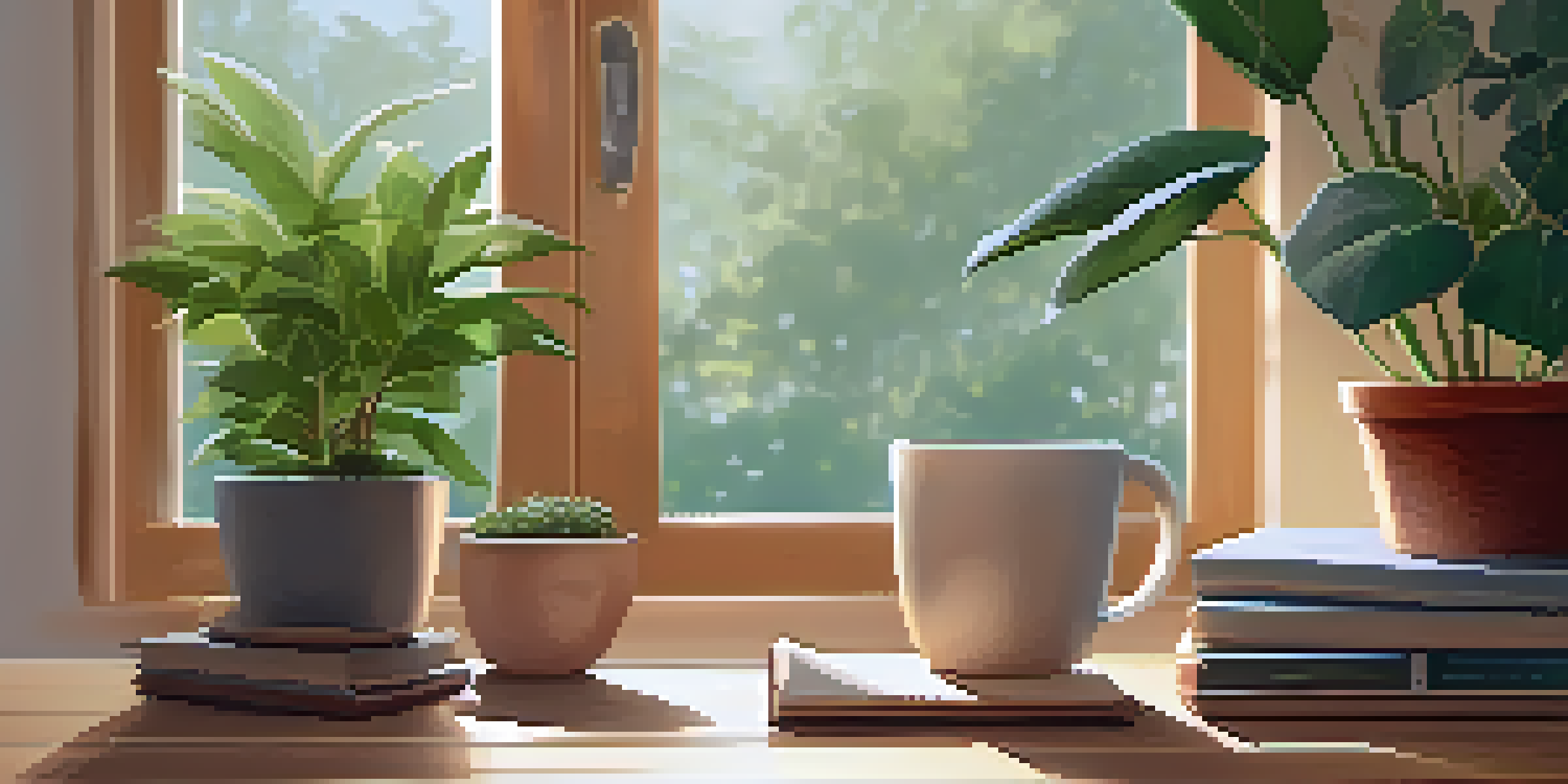 A cozy corner with a yoga mat, soft lighting, and potted plants, alongside a journal and a cup of herbal tea on a wooden table.