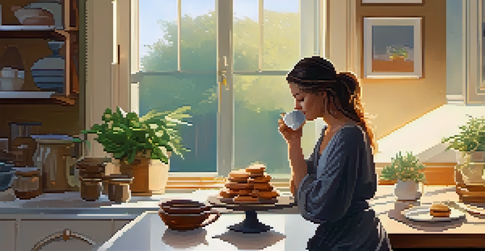 A person enjoying a mindful moment with coffee and pastries in a sunlit kitchen, surrounded by plants and an open journal.