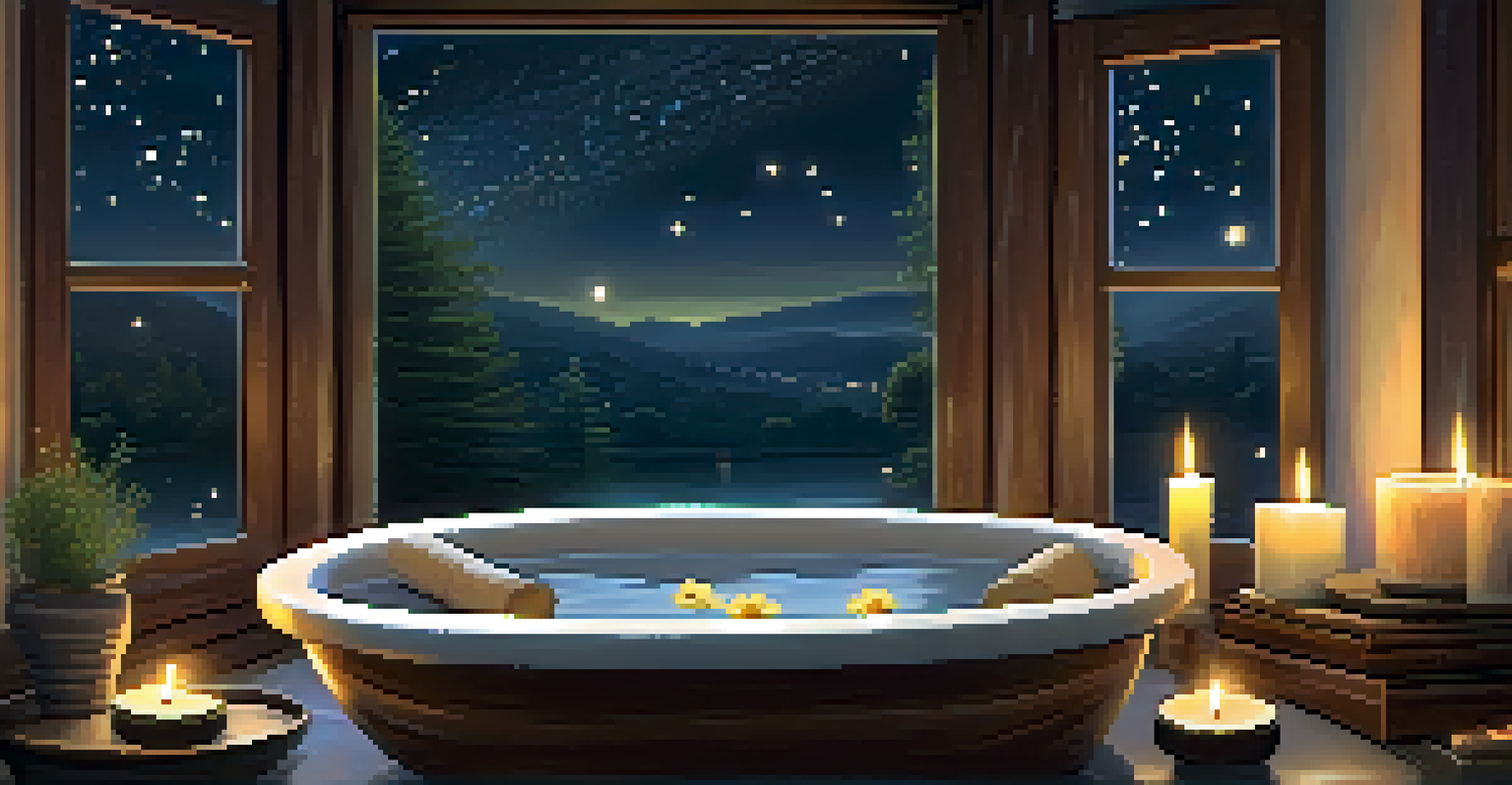 A calming bath setting with a wooden tub filled with warm water and chamomile oil, surrounded by candles and a starry night view outside.