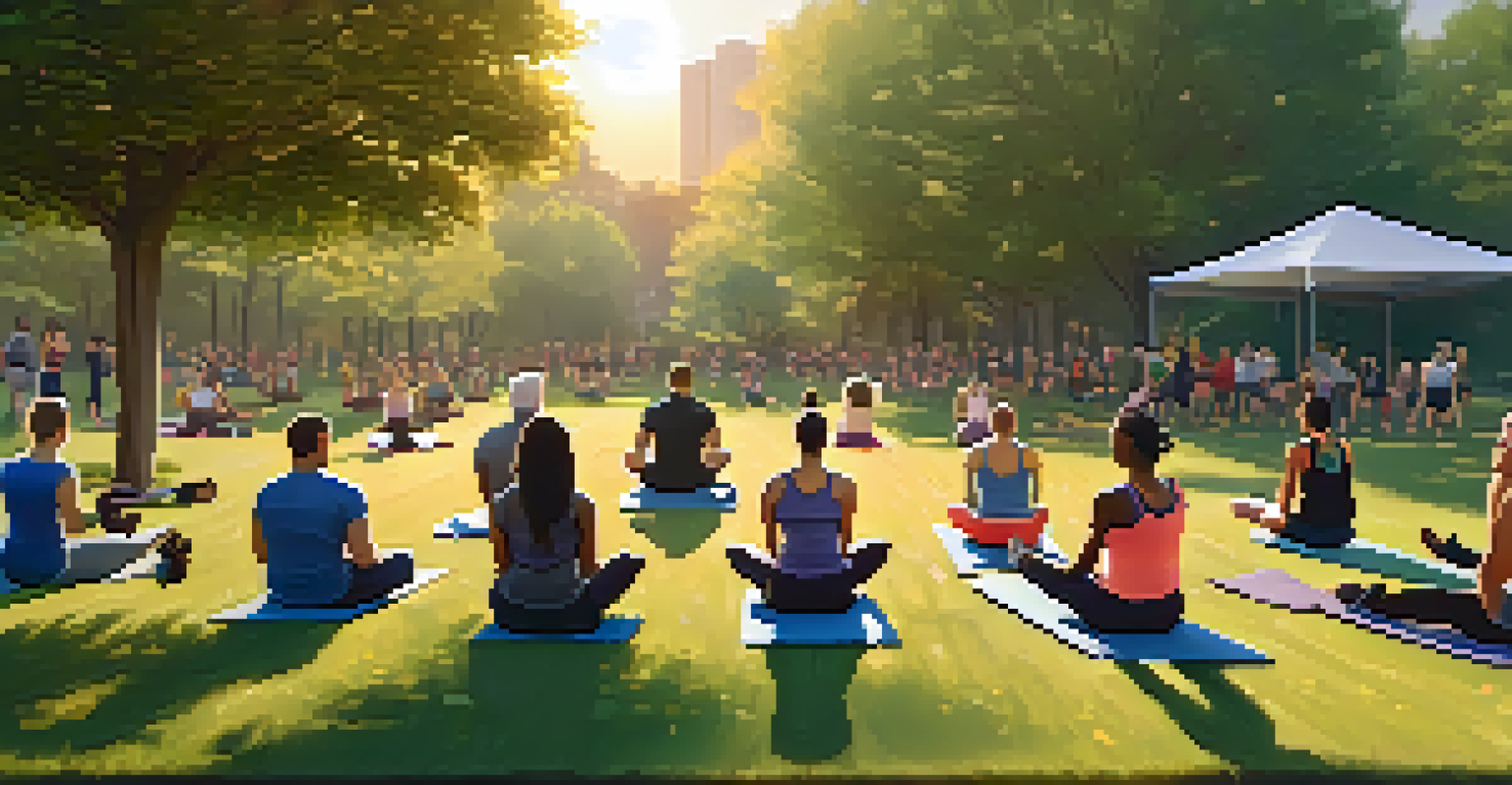 An outdoor exercise class in a park at sunset, with a diverse group of participants and a wellness coach leading the activity.