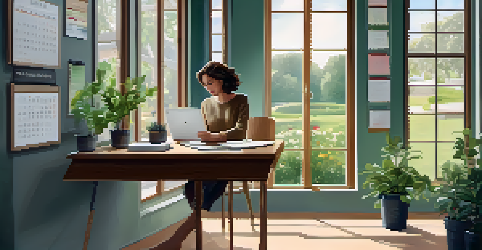 A person planning their week using a tablet at a stylish desk with motivational quotes on the wall.