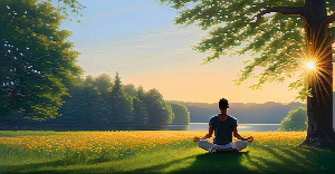 An athlete practicing mindfulness in a serene outdoor setting with trees and flowers at sunset.