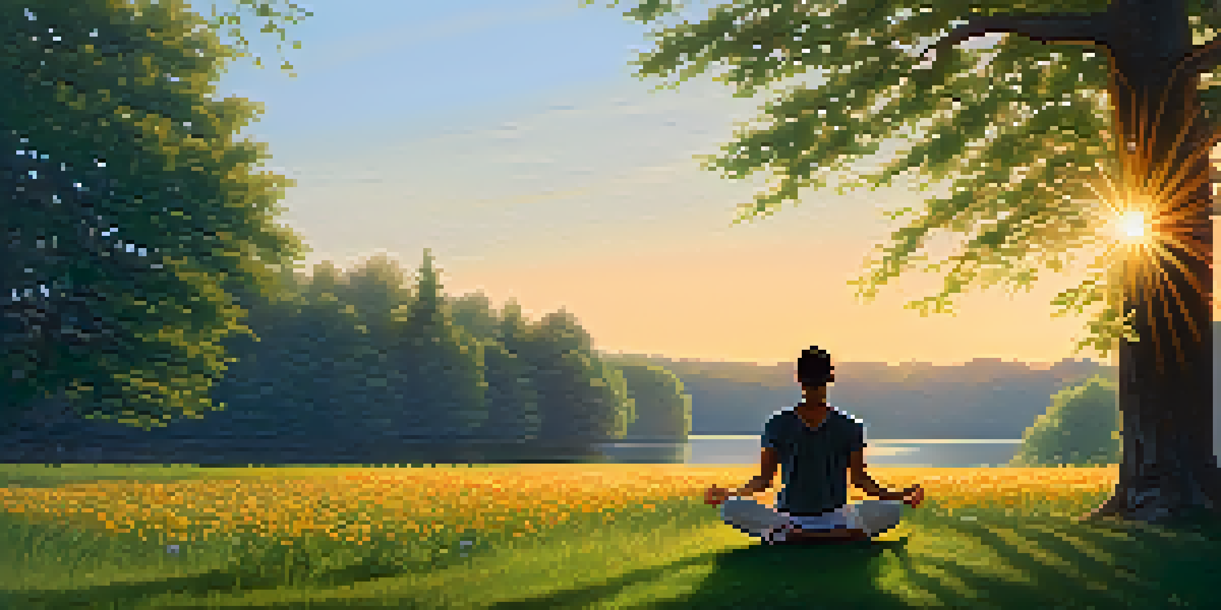 An athlete practicing mindfulness in a serene outdoor setting with trees and flowers at sunset.