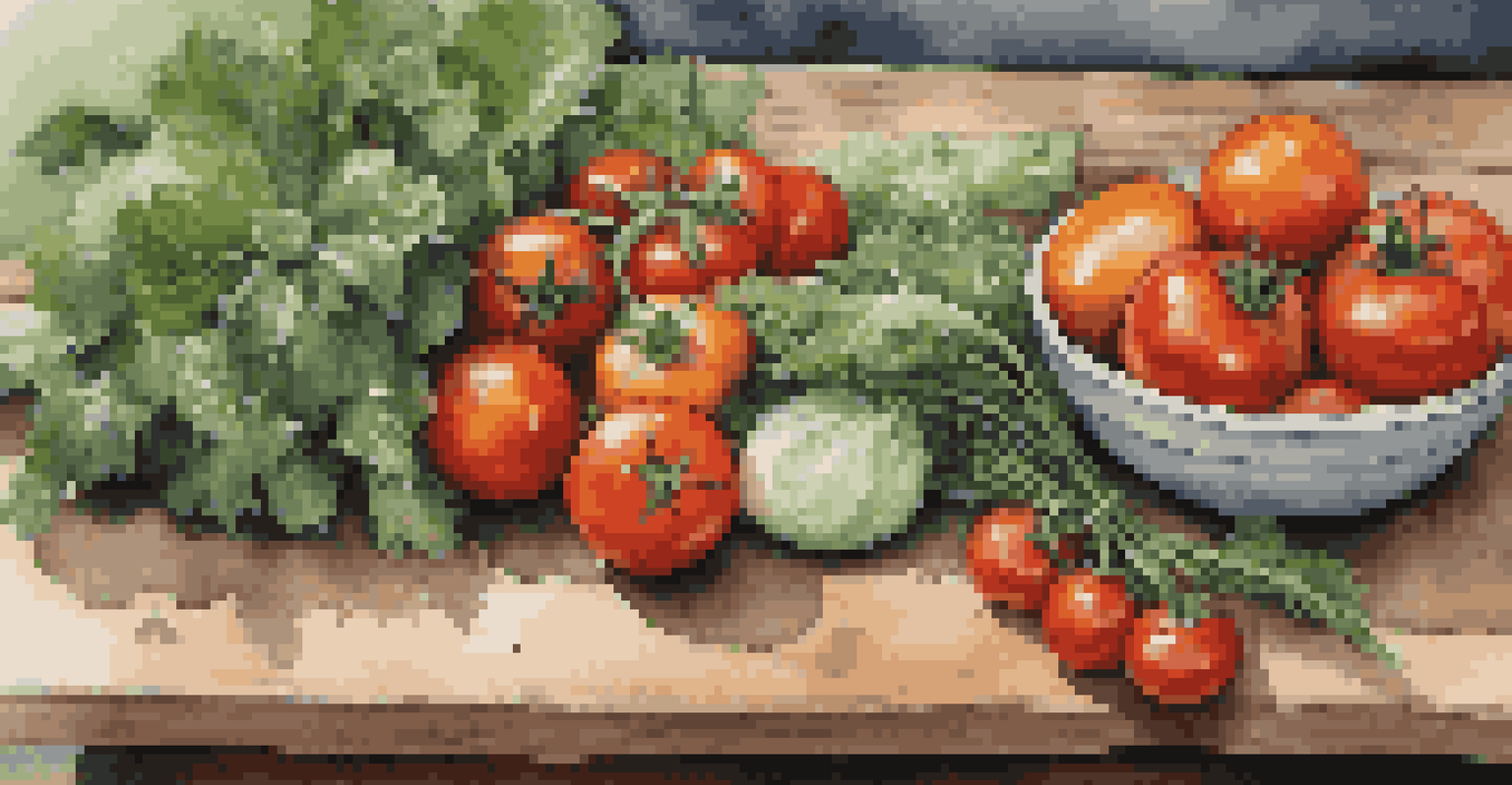 A close-up of freshly harvested organic vegetables and herbs on a wooden table, showcasing their vibrant colors and textures.