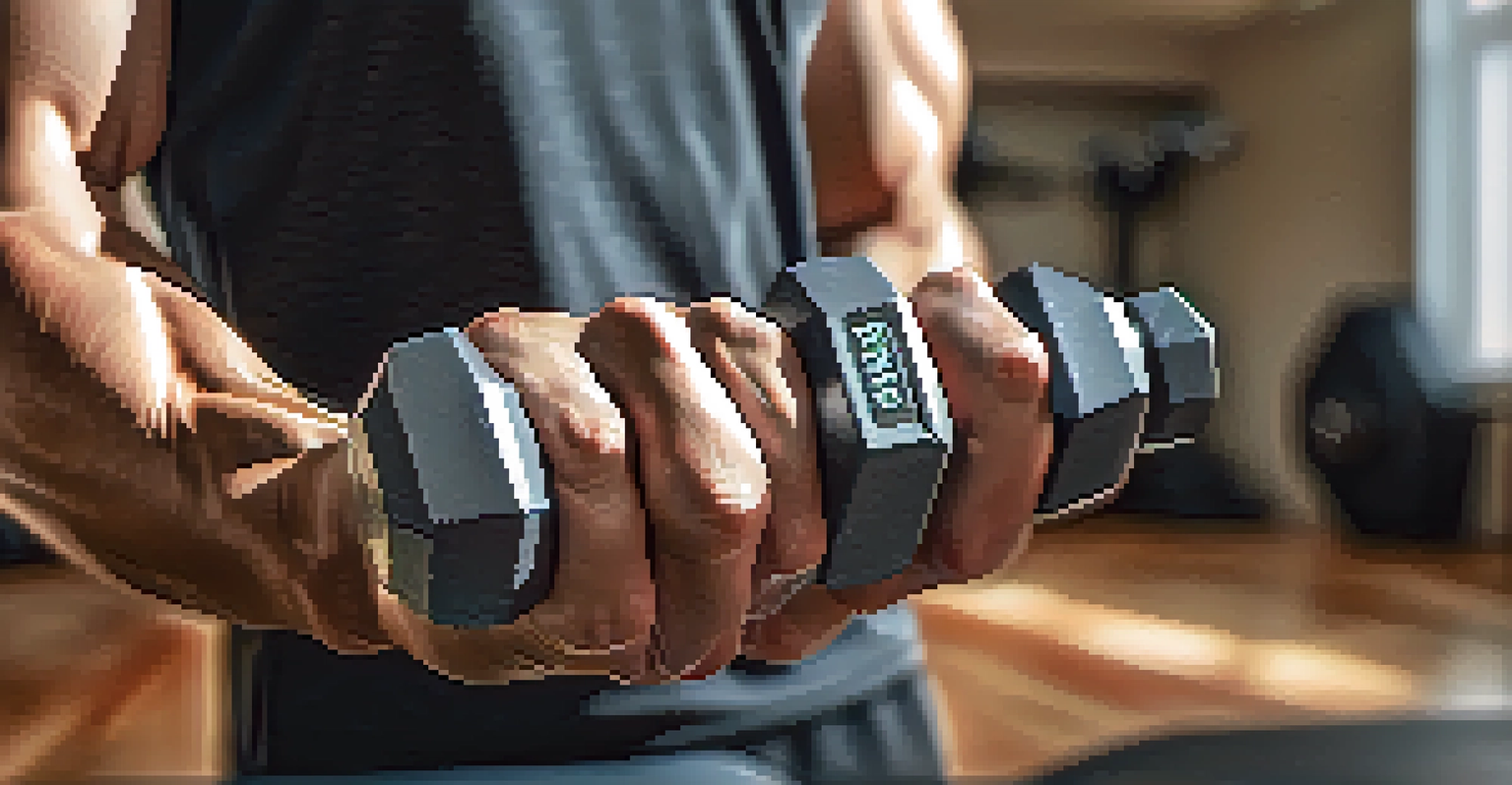 Close-up of hands gripping a dumbbell in a home gym, with warm light and a blurred background.