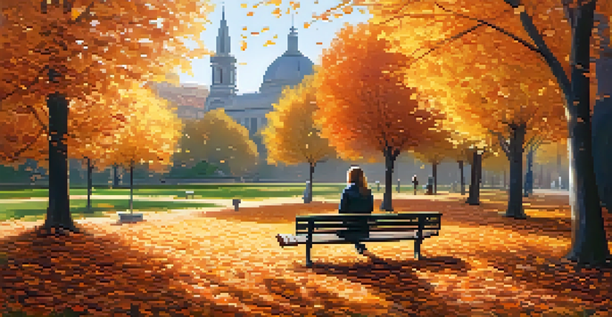 A peaceful park filled with autumn leaves and a person reading a book on a bench, surrounded by flowers and sunlight.