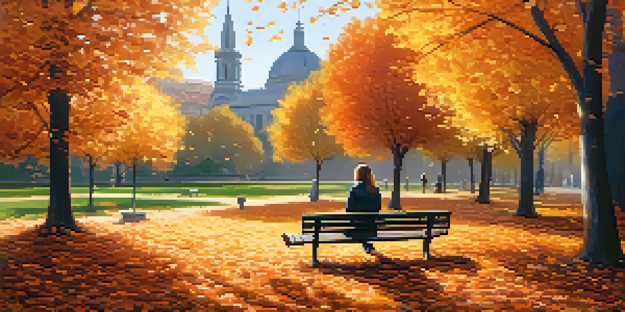 A peaceful park filled with autumn leaves and a person reading a book on a bench, surrounded by flowers and sunlight.
