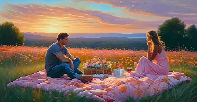 A couple sitting on a picnic blanket at sunset, surrounded by wildflowers, engaged in deep conversation.