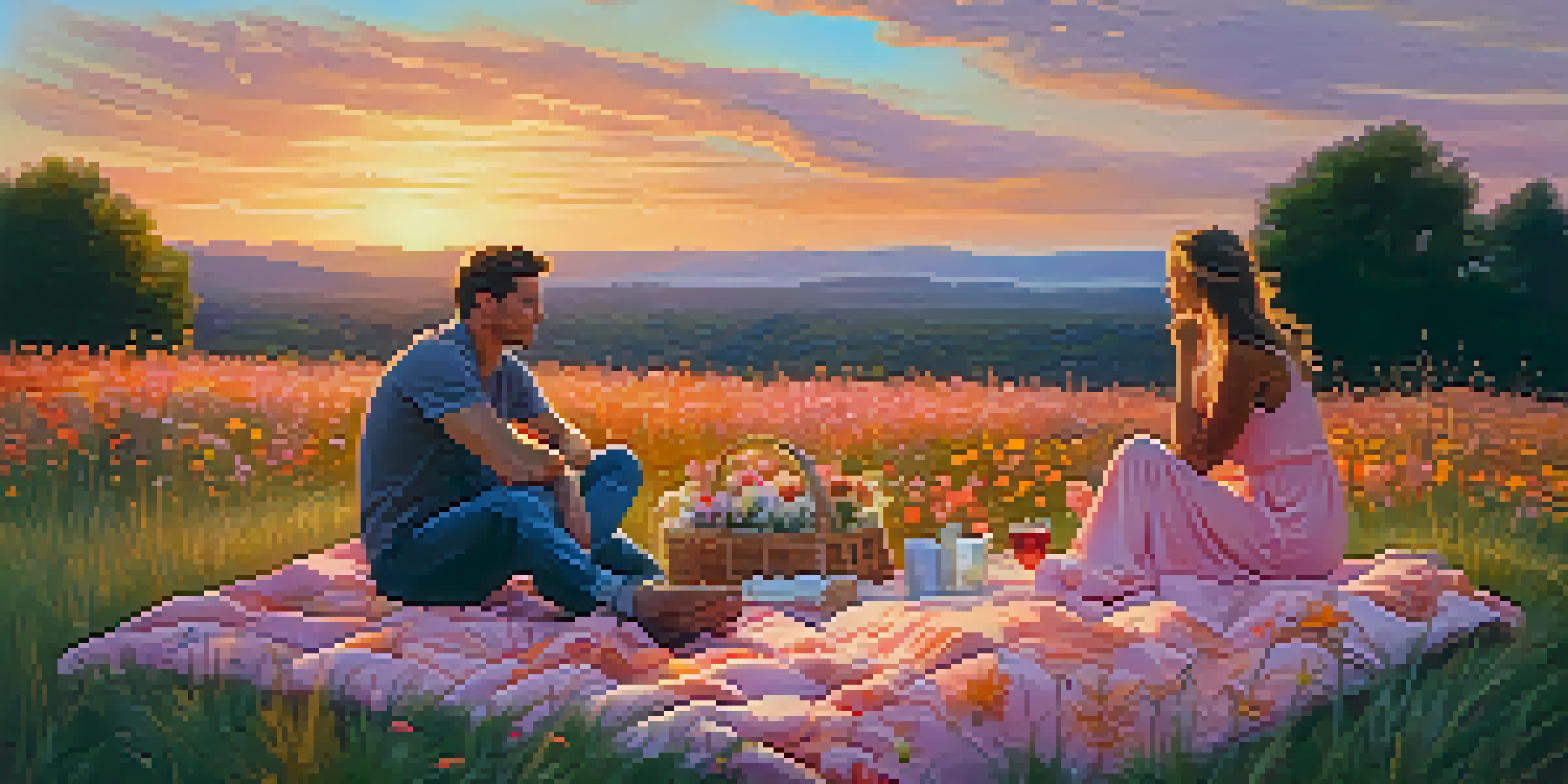 A couple sitting on a picnic blanket at sunset, surrounded by wildflowers, engaged in deep conversation.