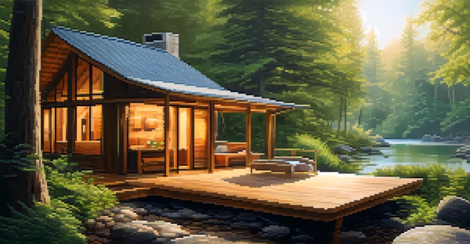 A peaceful wellness retreat in a forest with a wooden cabin, yoga mat, and a flowing stream under soft sunlight.