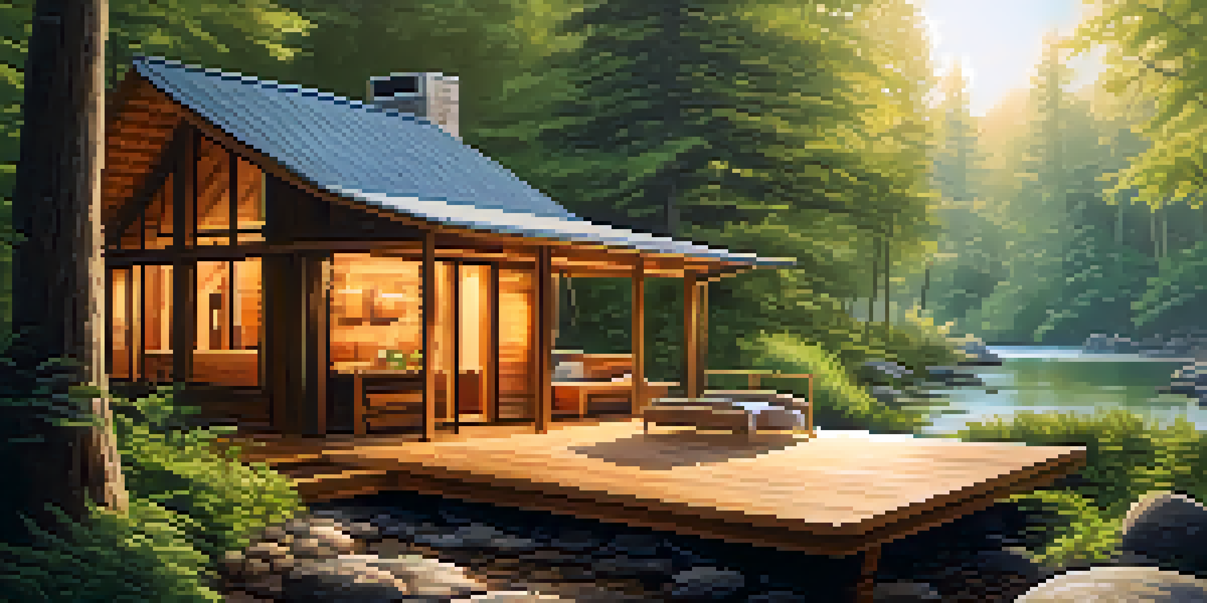 A peaceful wellness retreat in a forest with a wooden cabin, yoga mat, and a flowing stream under soft sunlight.