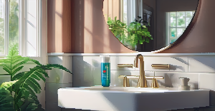A bright bathroom with a mirror, toothbrush holder, and a tube of toothpaste on the sink, complemented by a green plant and sunlight streaming in.