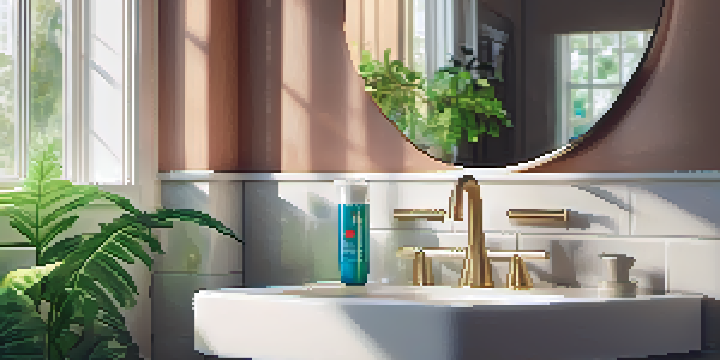 A bright bathroom with a mirror, toothbrush holder, and a tube of toothpaste on the sink, complemented by a green plant and sunlight streaming in.