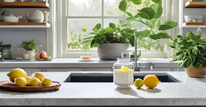 A bright kitchen with a diffuser on the counter, lemons, and grapefruit, creating a refreshing morning atmosphere.
