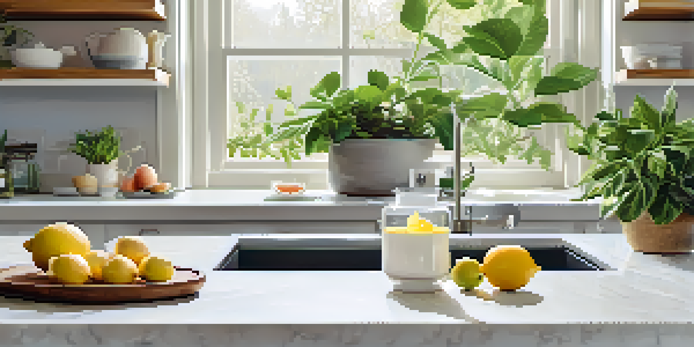 A bright kitchen with a diffuser on the counter, lemons, and grapefruit, creating a refreshing morning atmosphere.