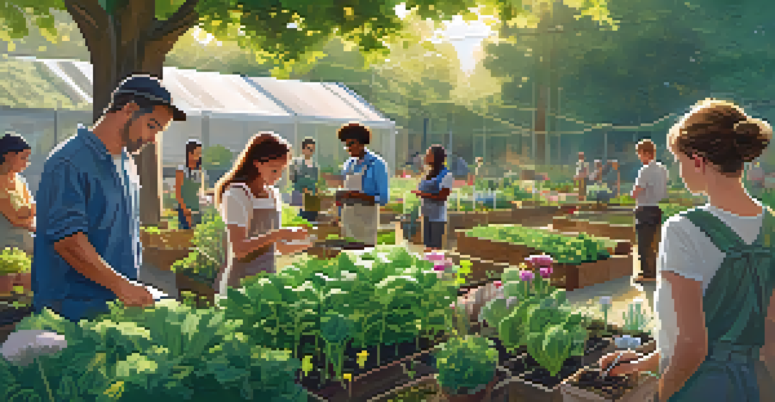 An instructor teaching a gardening workshop to a diverse group of participants in a sunny, lush garden.