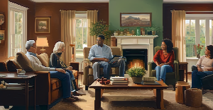 A family discussing health history in a cozy living room, with a visible family tree chart on the table and family photos on the walls.