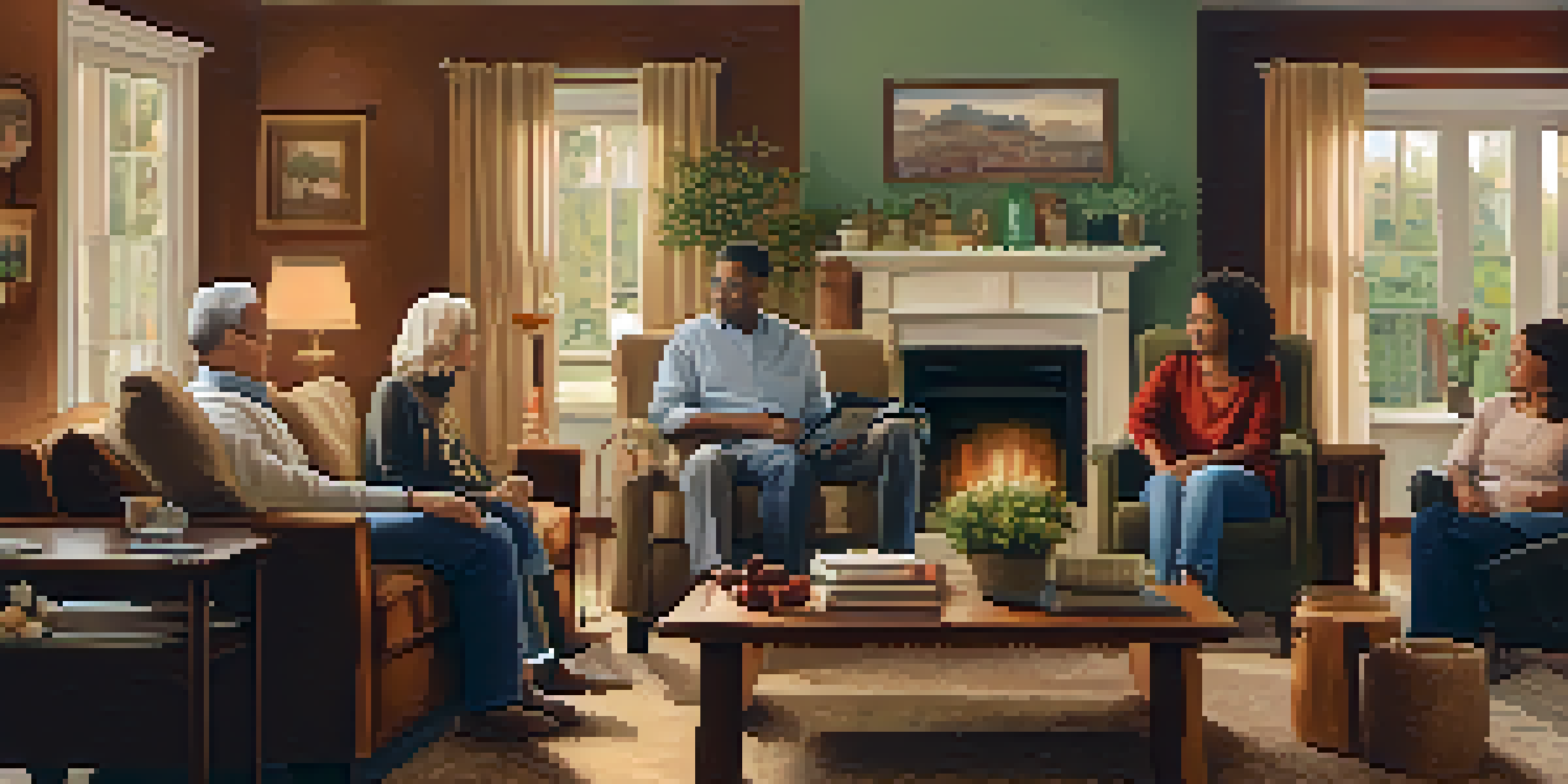 A family discussing health history in a cozy living room, with a visible family tree chart on the table and family photos on the walls.