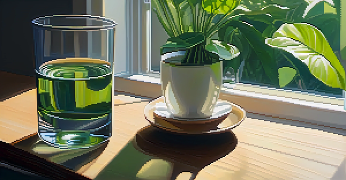 A clear glass of water on a wooden desk beside a green plant, with sunlight filtering through a window, creating a peaceful atmosphere.