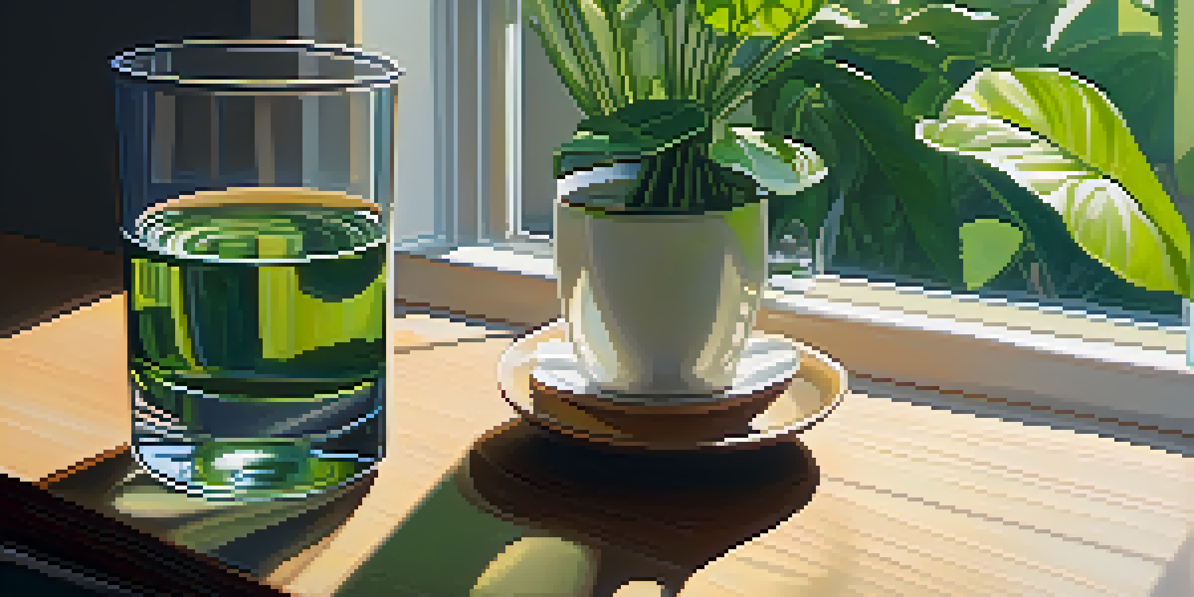 A clear glass of water on a wooden desk beside a green plant, with sunlight filtering through a window, creating a peaceful atmosphere.