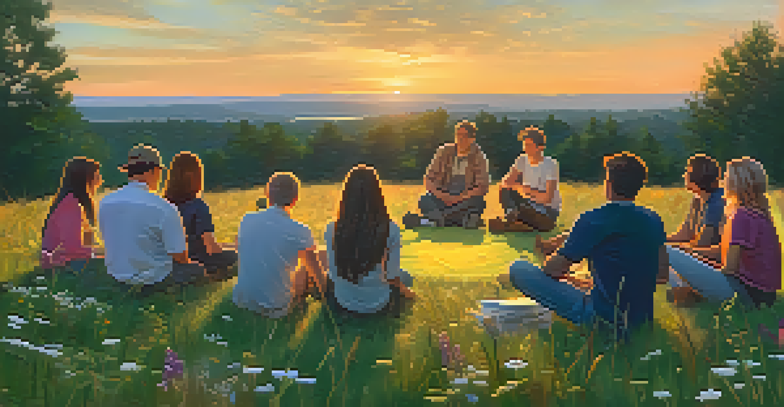 A group of people sitting in a circle on grass, sharing during a workshop with a sunset backdrop and wildflowers in the foreground.