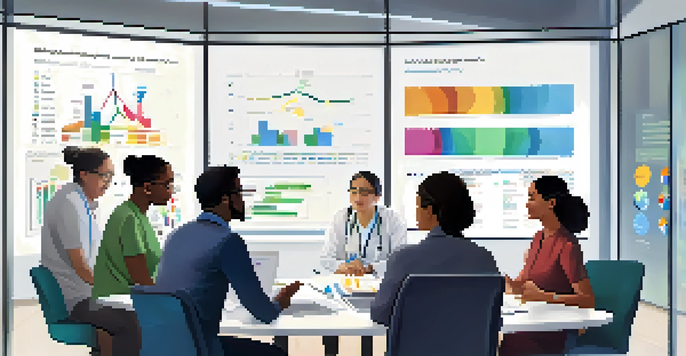 A diverse group of researchers collaborating in a bright meeting room, discussing health data represented by charts and graphs.