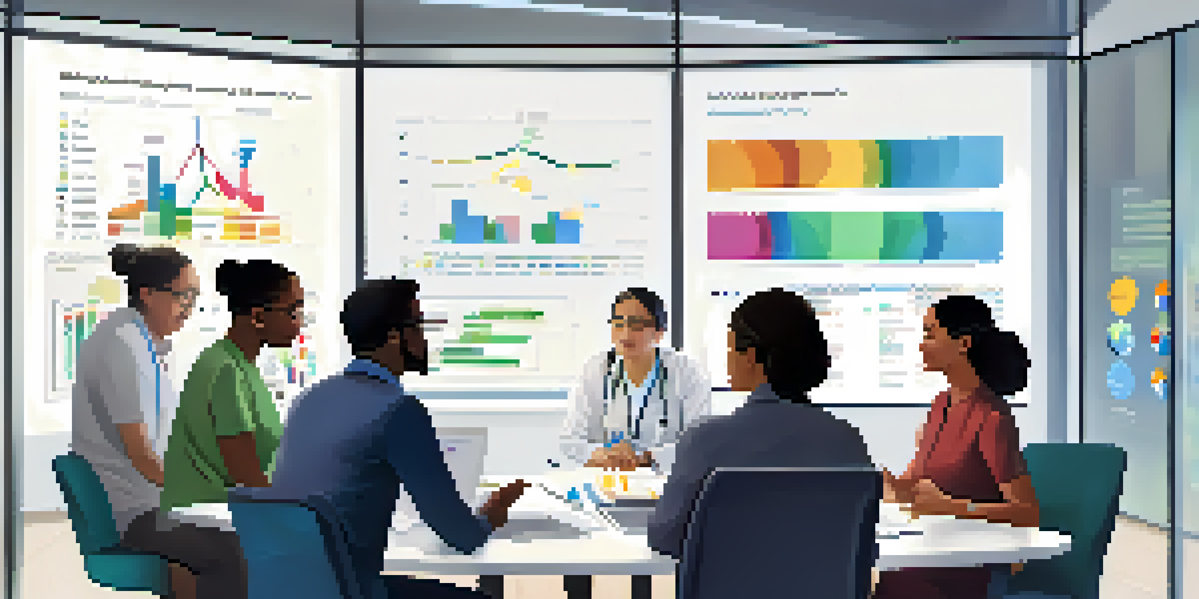 A diverse group of researchers collaborating in a bright meeting room, discussing health data represented by charts and graphs.