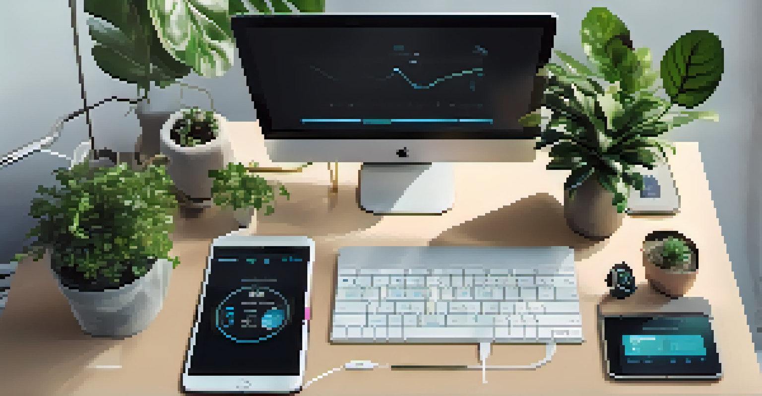 A contemporary workspace showcasing technology tools like a smartwatch and a laptop with wellness apps for biohacking.