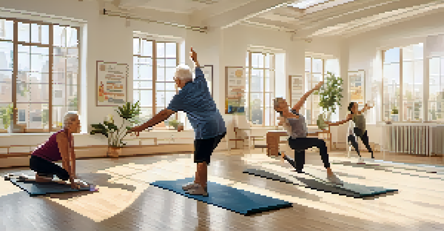 An elderly man and a young woman participating in a fitness class, stretching and exercising in a bright studio.