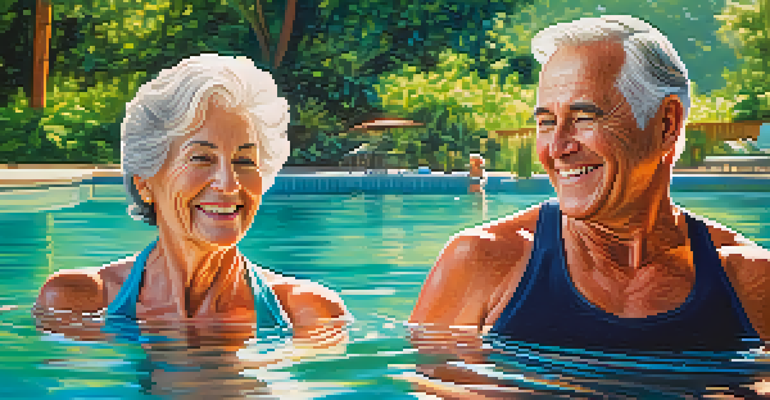 A senior couple enjoying aqua aerobics in a serene outdoor pool, surrounded by greenery and sunlight, smiling while exercising.
