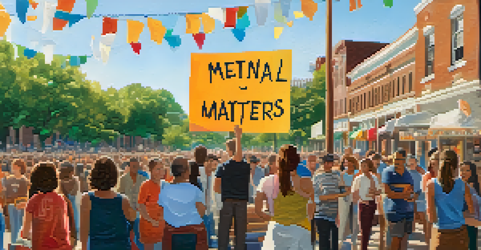 A close-up of a hand holding a sign that says 'Mental Health Matters', with a community gathering in the background.
