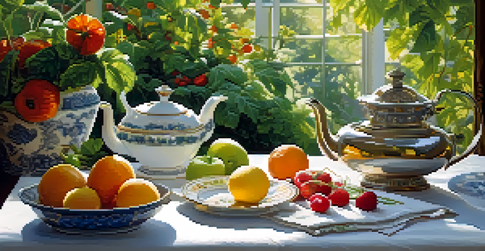 A dining table in a garden with fresh fruits, vegetables, and tea, illuminated by sunlight.
