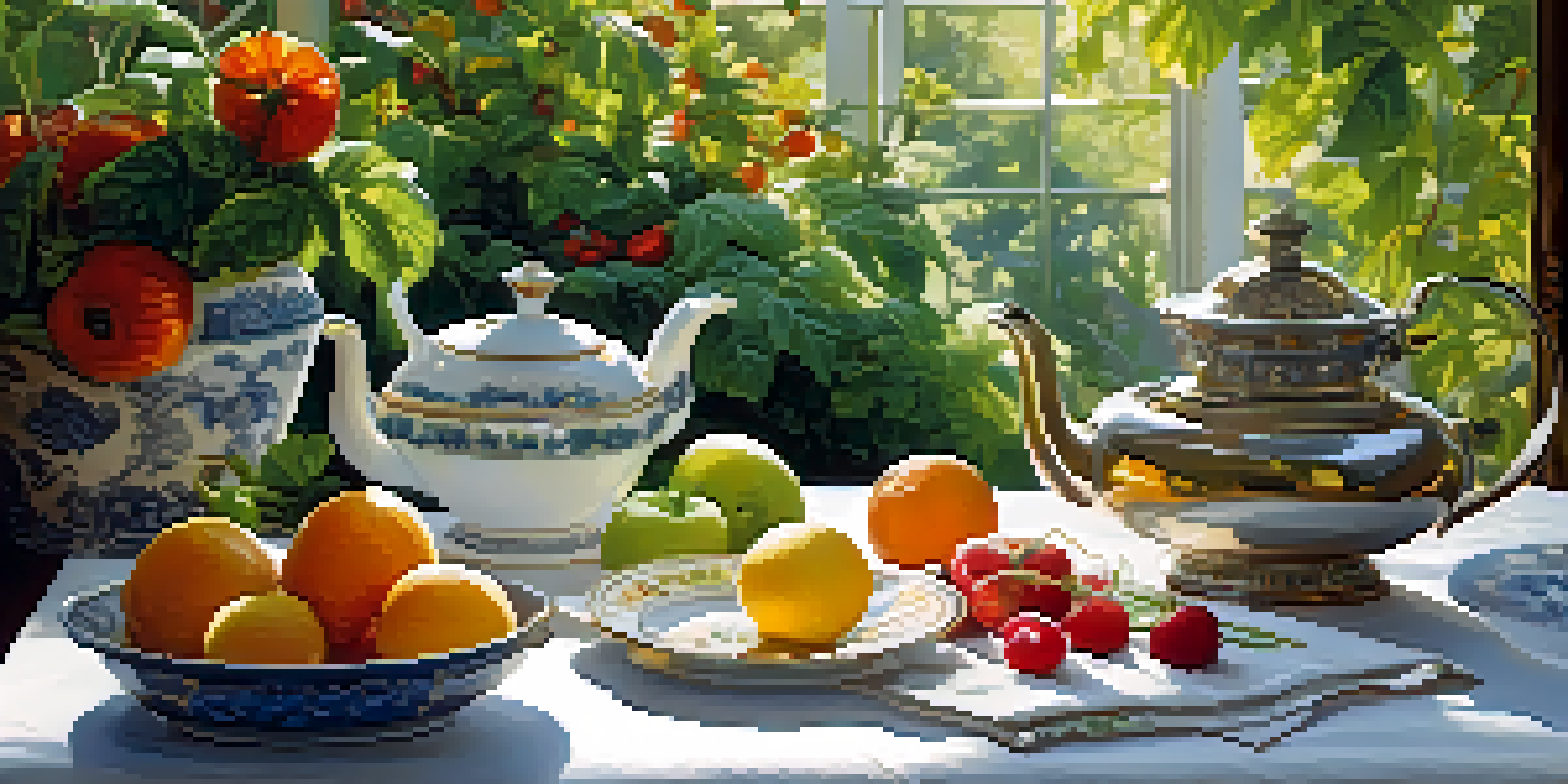 A dining table in a garden with fresh fruits, vegetables, and tea, illuminated by sunlight.