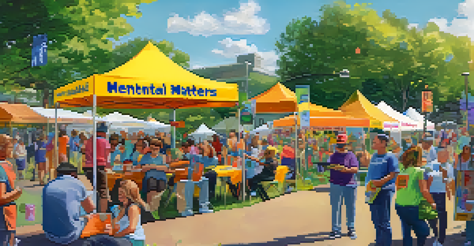 An outdoor community event focused on mental health awareness, with a booth, volunteers, and attendees engaging in conversation under a banner that reads 'Mental Health Matters.'