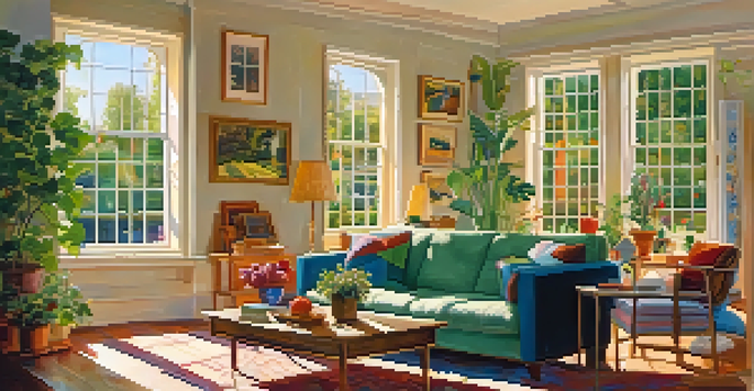 A person painting in a cozy living room filled with warm light and colorful artworks, creating a comforting and creative atmosphere.