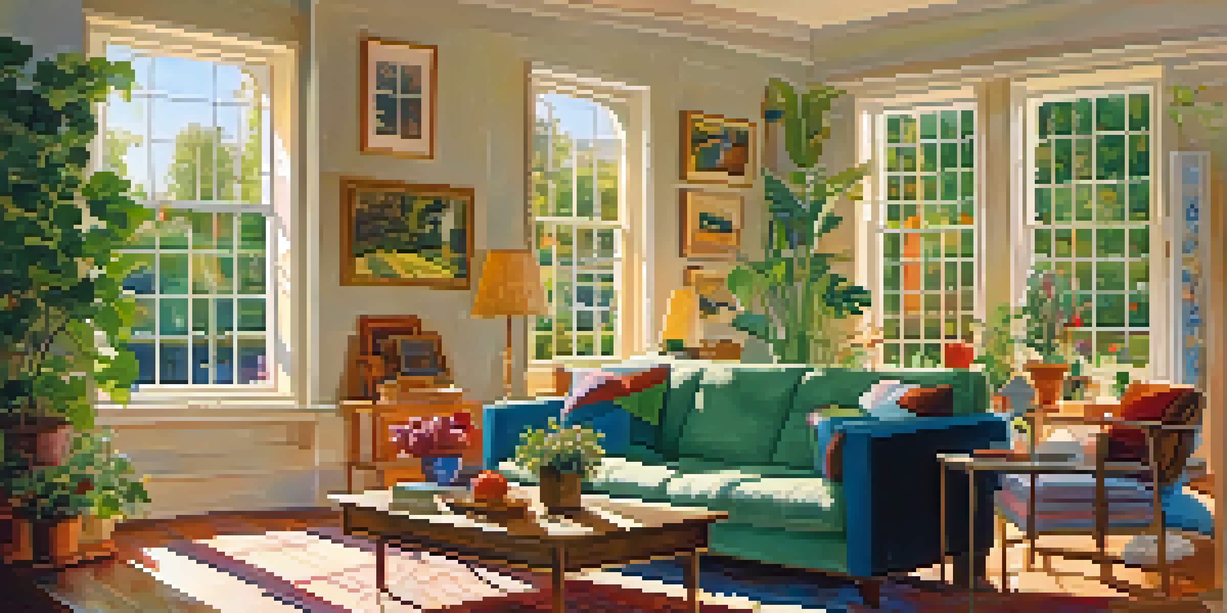 A person painting in a cozy living room filled with warm light and colorful artworks, creating a comforting and creative atmosphere.